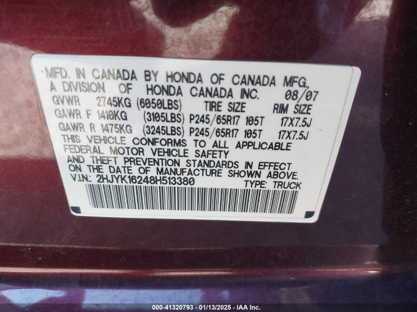 2008 Honda Ridgeline Rt VIN: 2HJYK16248H513380 Lot: 41320793