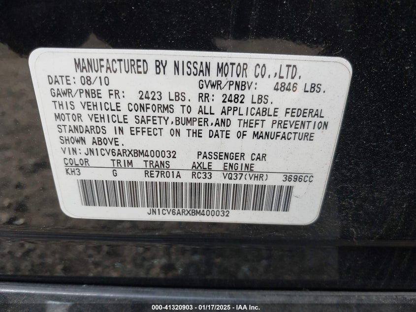 2011 INFINITI G37X VIN: JN1CV6ARXBM400032