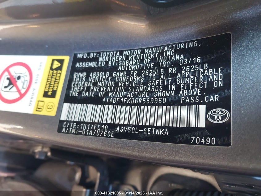 2016 TOYOTA CAMRY VIN: 4T4BF1FK0GR569960