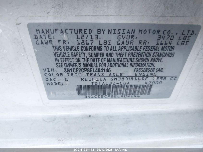 VIN 3N1CE2CP8EL404146 2014 NISSAN VERSA NOTE no.9