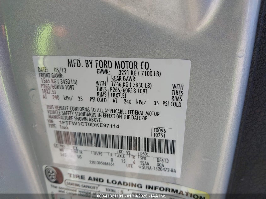 2013 FORD F-150 VIN: 1FTFW1CT0DKE97114