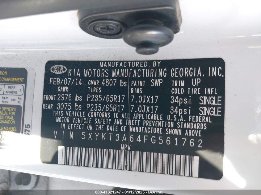 VIN 5XYKT3A64FG561762 2015 KIA Sorento, LX no.9