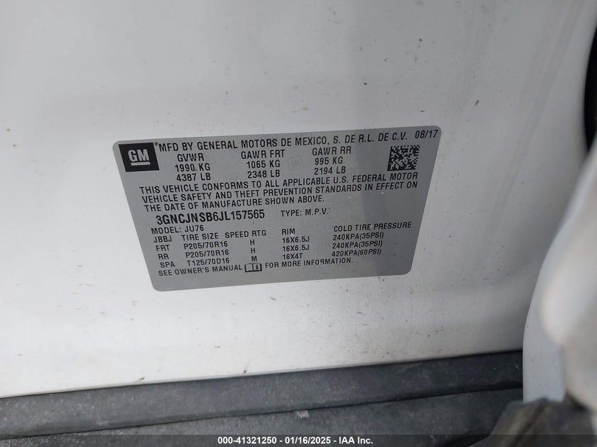 2018 CHEVROLET TRAX LS - 3GNCJNSB6JL157565