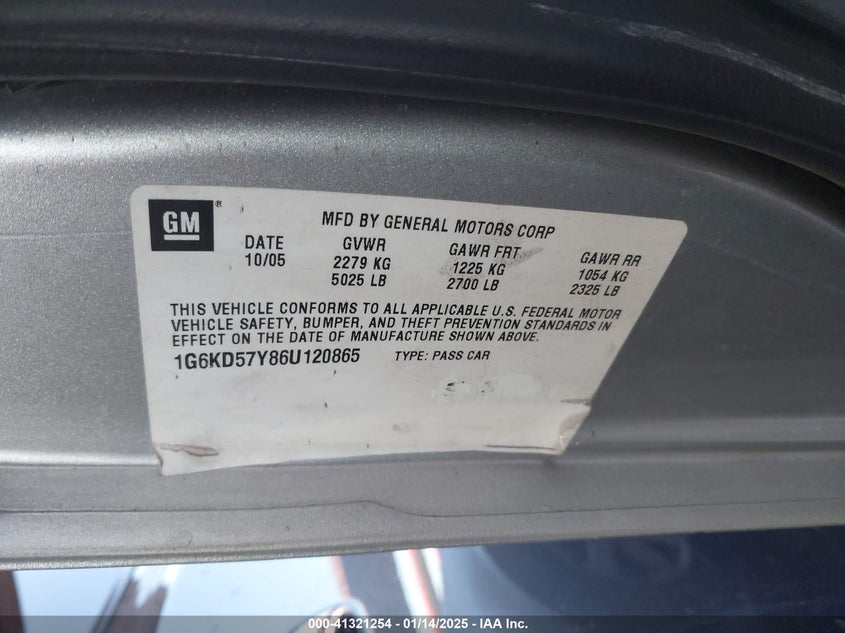 2006 CADILLAC DTS VIN: 1G6KD57Y86U120865
