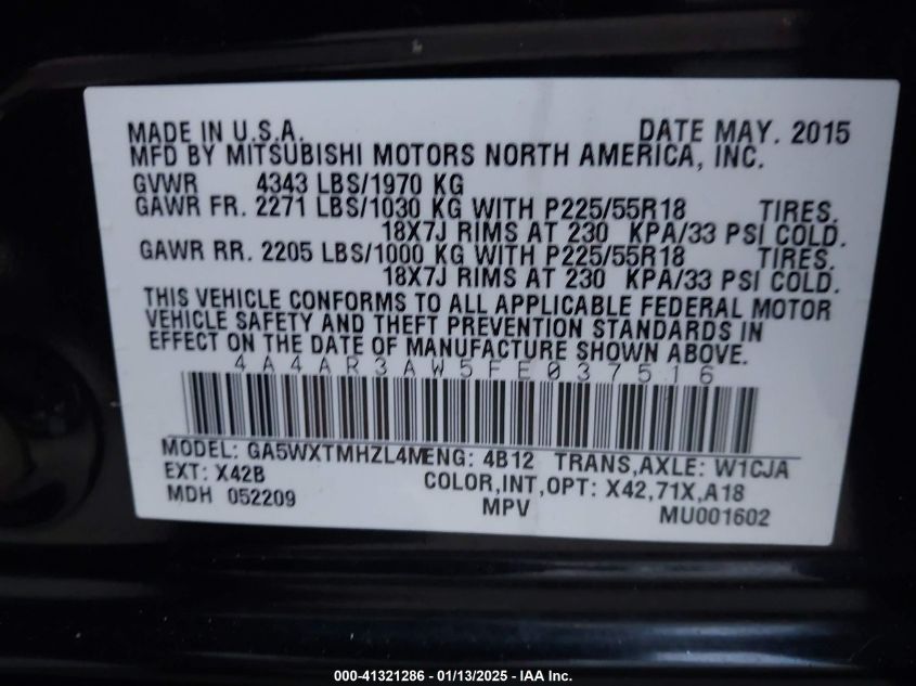 VIN 4A4AR3AW5FE037516 2015 MITSUBISHI OUTLANDER SPORT no.9