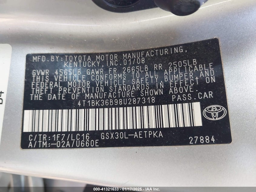 2008 TOYOTA AVALON VIN: 4T1BK36B98U287318