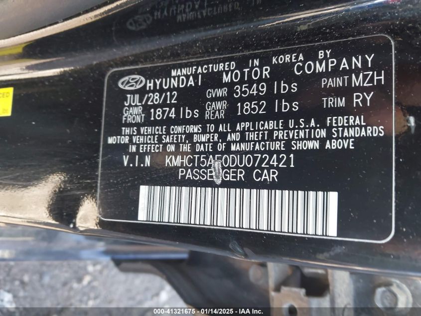 VIN KMHCT5AE0DU072421 2013 Hyundai Accent, GS no.9