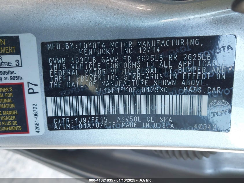 2015 TOYOTA CAMRY VIN: 4T1BF1FK0FU012930
