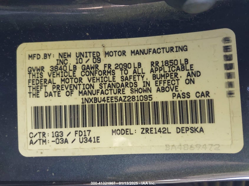 2010 TOYOTA COROLLA VIN: 1NXBU4EE5AZ281095
