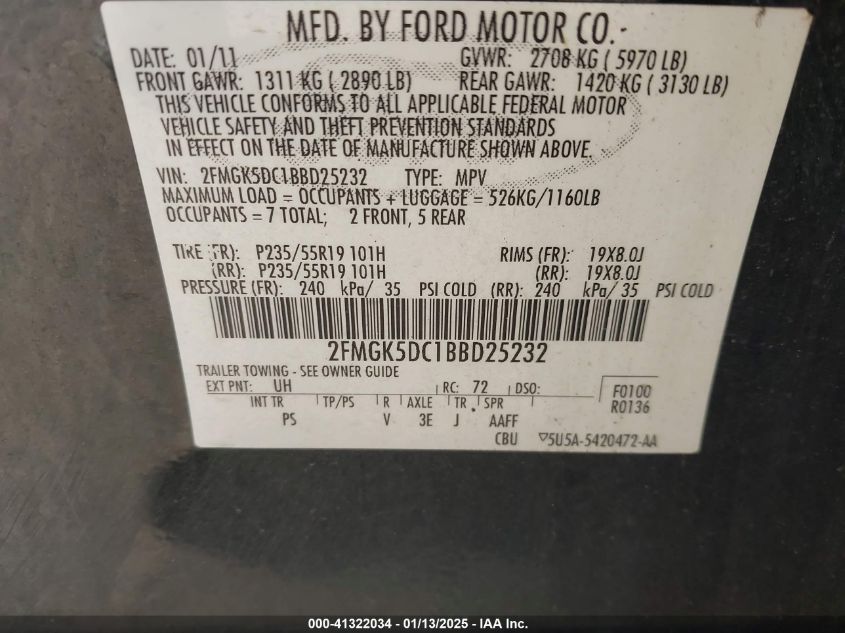 2011 Ford Flex Limited VIN: 2FMGK5DC1BBD25232 Lot: 41322034