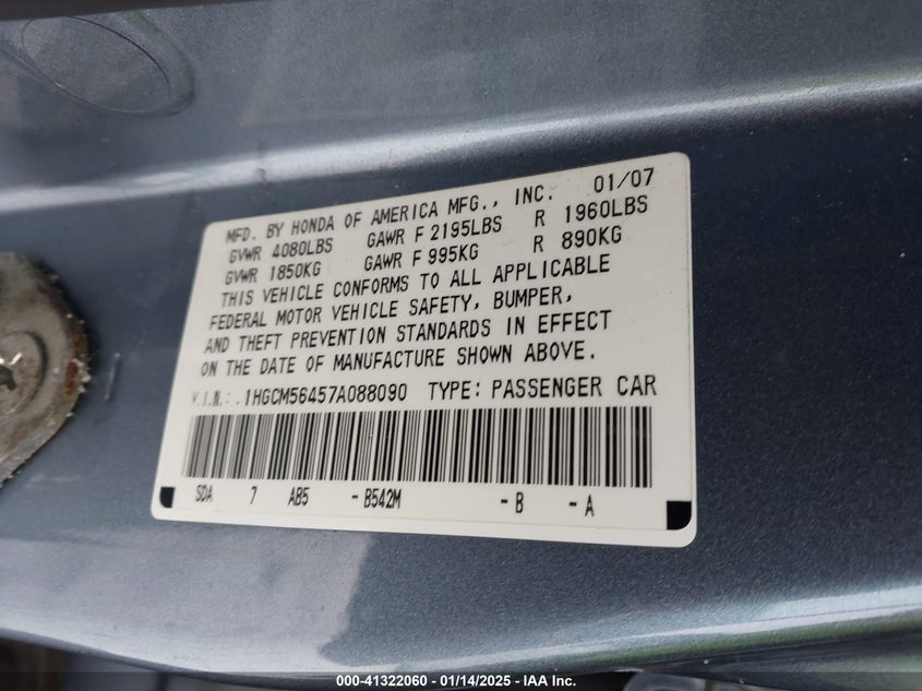 2007 HONDA ACCORD VIN: 1HGCM56457A088090
