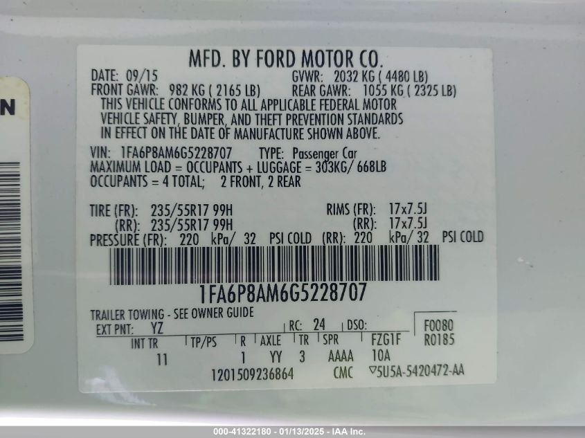 2016 Ford Mustang V6 VIN: 1FA6P8AM6G5228707 Lot: 41322180