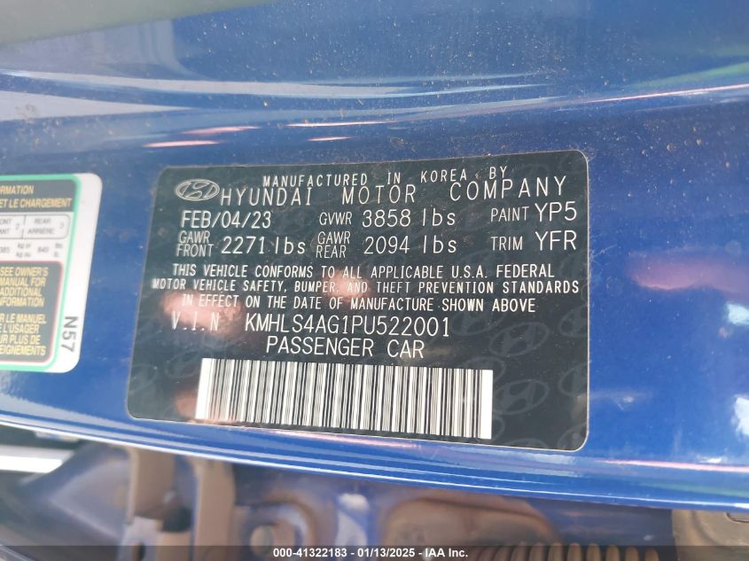 VIN KMHLS4AG1PU522001 2023 Hyundai Elantra, Sel no.9