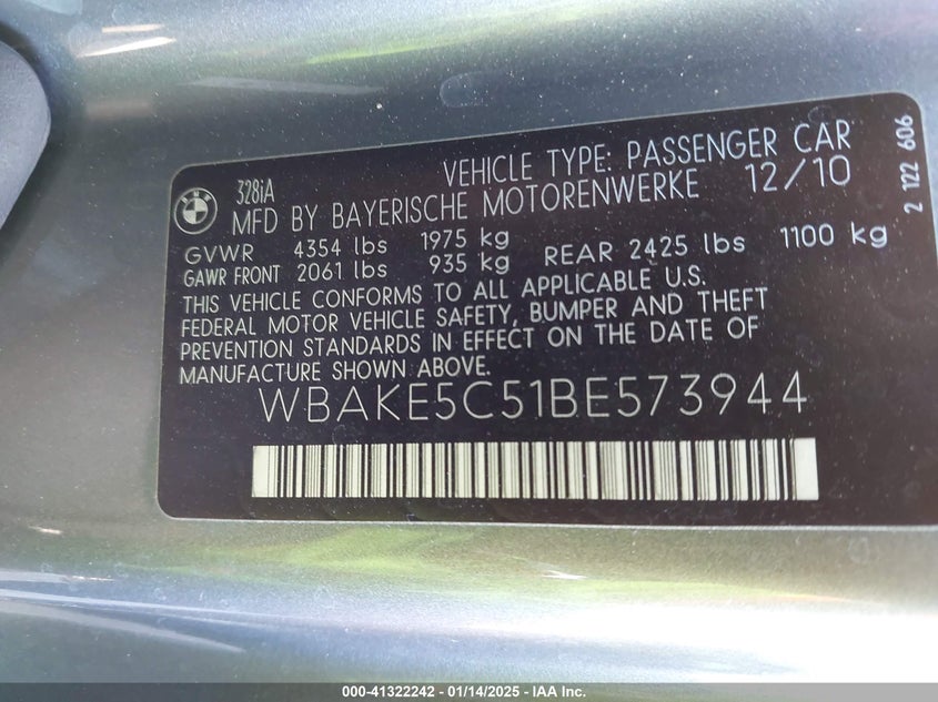 2011 BMW 328I VIN: WBAKE5C51BE573944