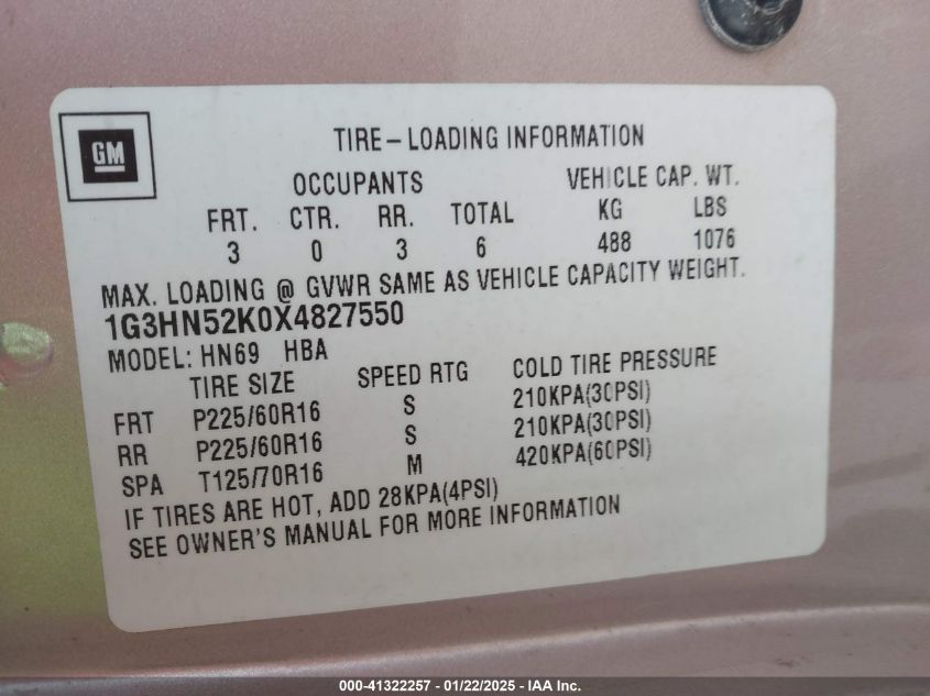 1999 Oldsmobile Eighty-Eight Ls VIN: 1G3HN52K0X4827550 Lot: 41322257