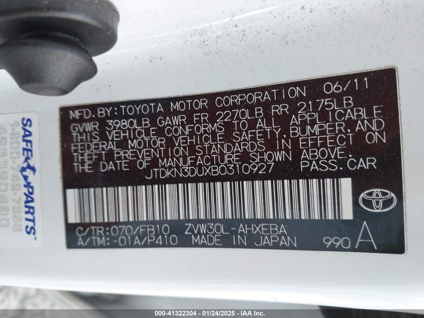 2011 TOYOTA PRIUS VIN: JTDKN3DUXB0310927