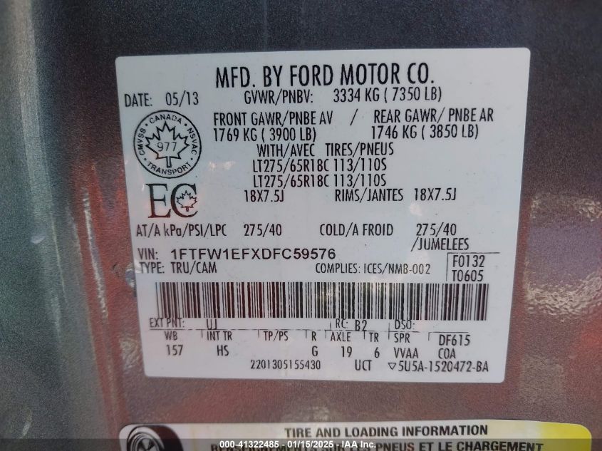 VIN 1FTFW1EFXDFC59576 2013 FORD F-150 no.9