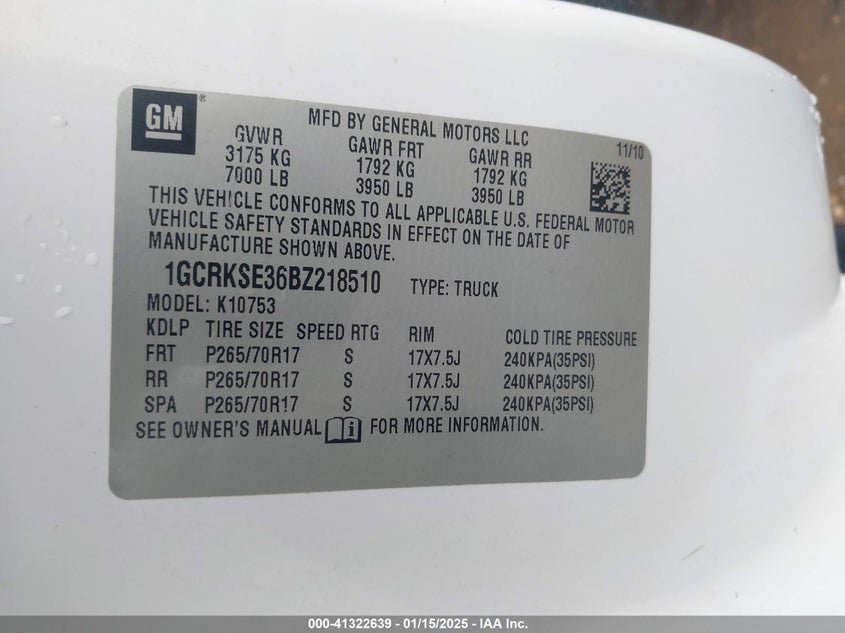 2011 CHEVROLET SILVERADO 1500 VIN: 1GCRKSE36BZ218510