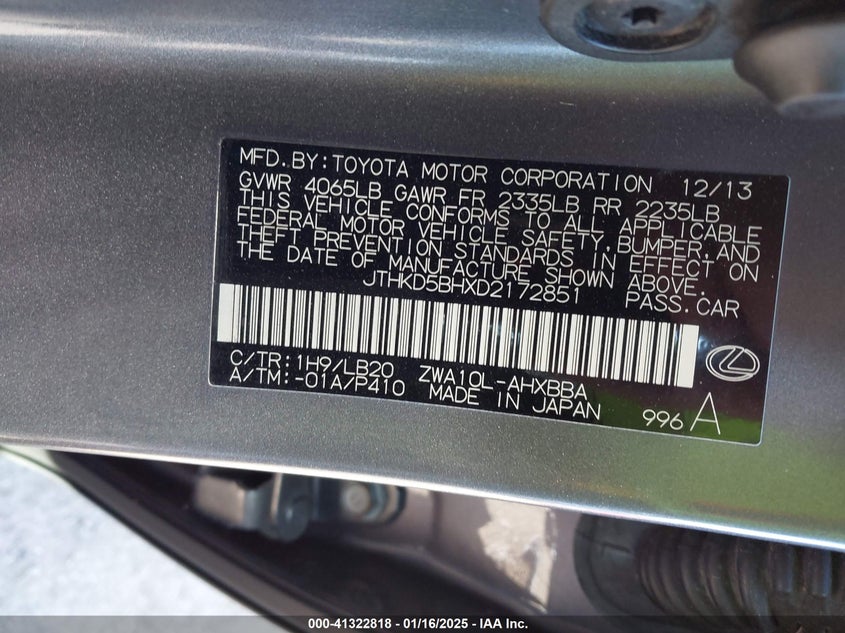 2013 LEXUS CT VIN: JTHKD5BHXD2172851