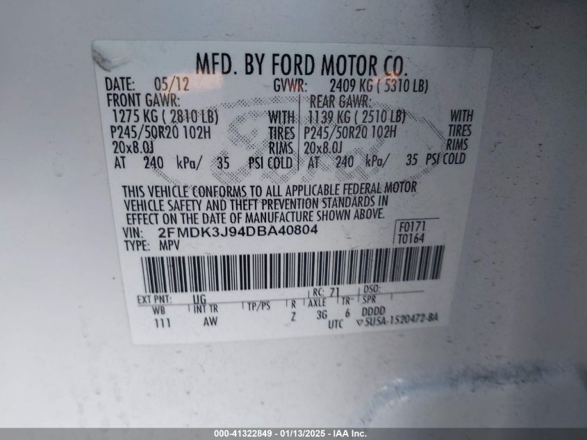 VIN 2FMDK3J94DBA40804 2013 FORD EDGE no.9