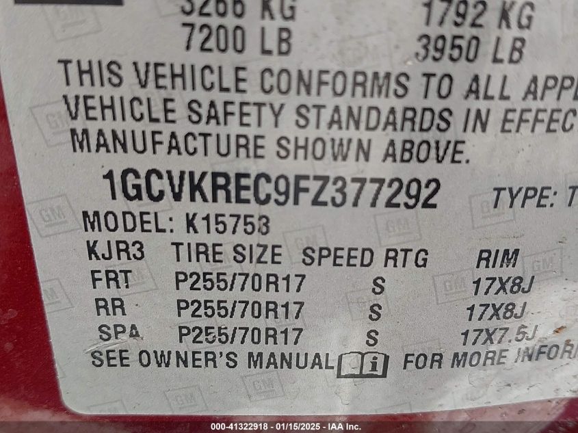 VIN 1GCVKREC9FZ377292 2015 CHEVROLET SILVERADO 1500 no.9