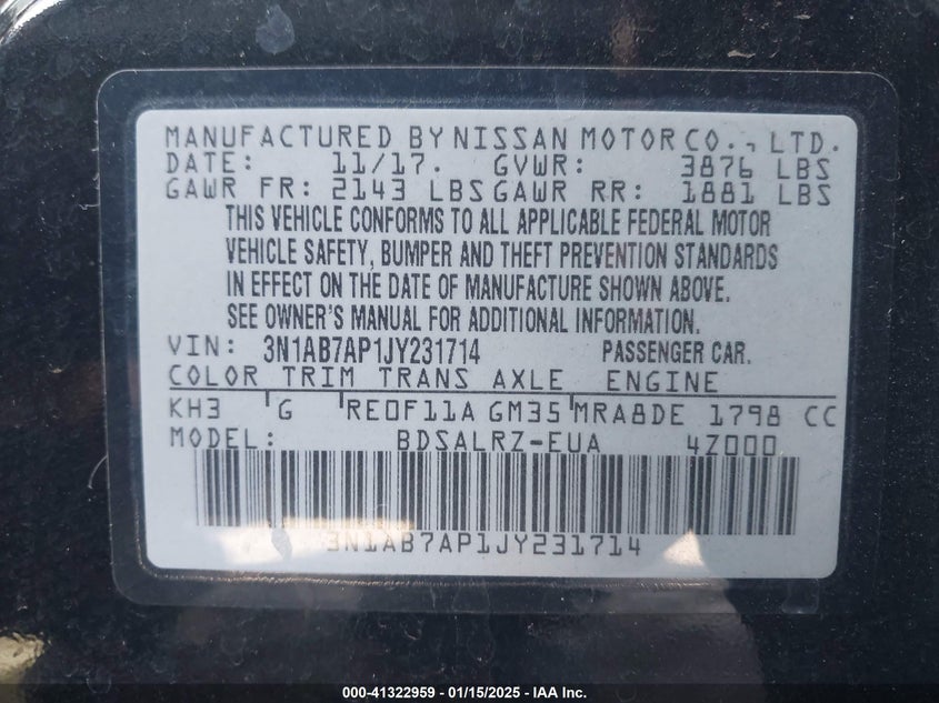 2018 NISSAN SENTRA VIN: 3N1AB7AP1JY231714