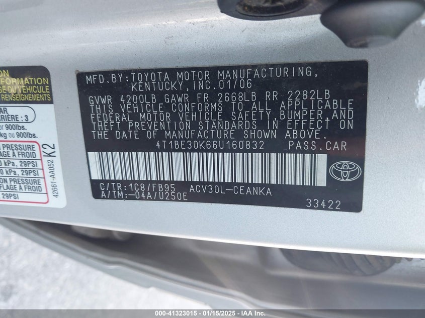 2006 TOYOTA CAMRY VIN: 4T1BE30K66U160832