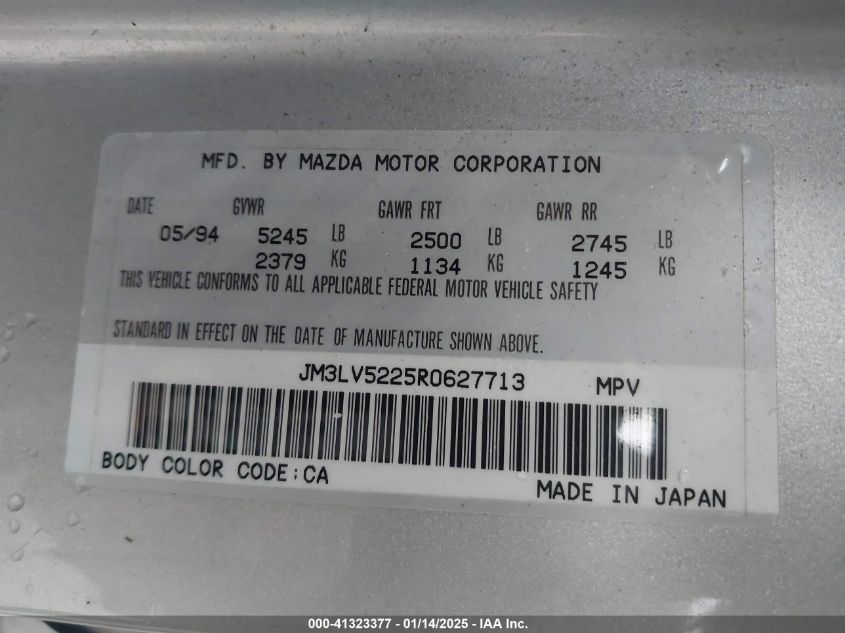 1994 Mazda Mpv Wagon VIN: JM3LV5225R0627713 Lot: 41323377