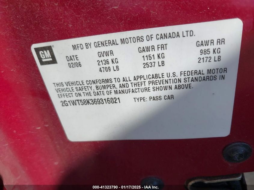 2006 Chevrolet Impala Lt VIN: 2G1WT58K369316021 Lot: 41323790