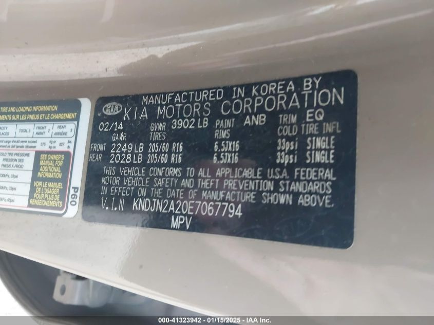 VIN KNDJN2A20E7067794 2014 KIA SOUL no.9