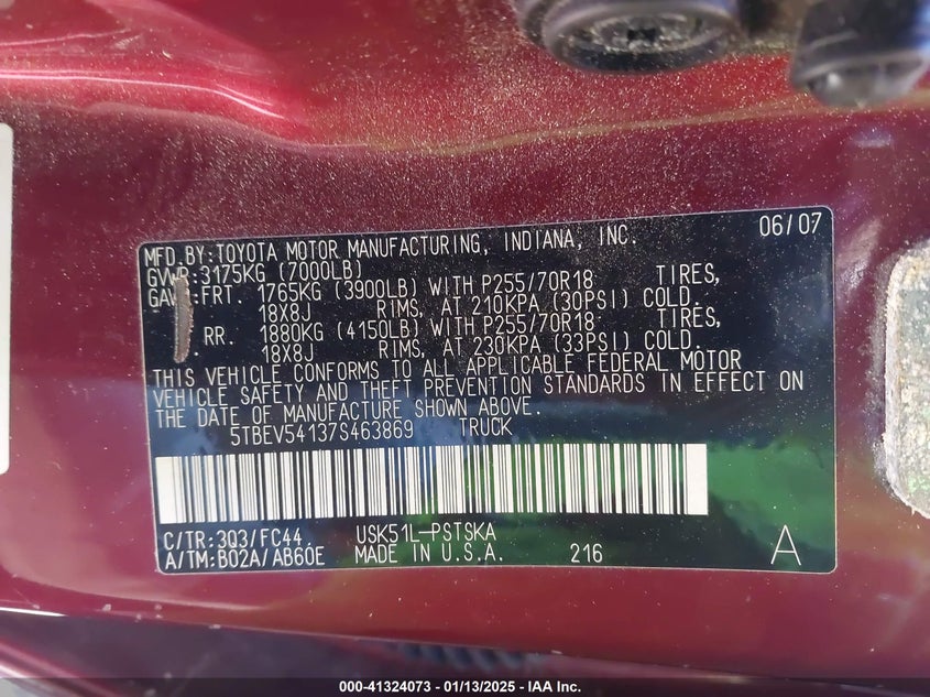 2007 TOYOTA TUNDRA VIN: 5TBEV54137S463869