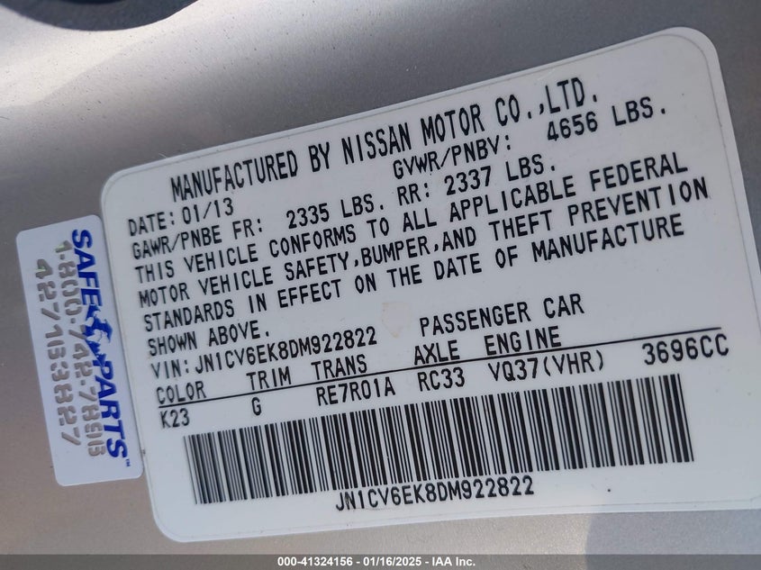 2013 INFINITI G37 VIN: JN1CV6EK8DM922822