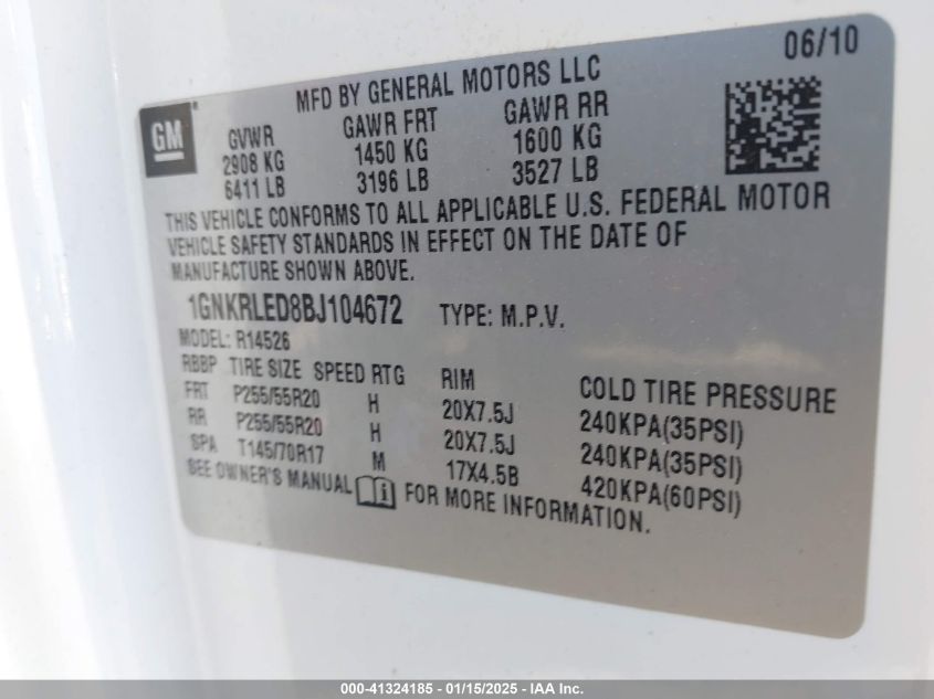 2011 Chevrolet Traverse Ltz VIN: 1GNKRLED8BJ10467 Lot: 41324185