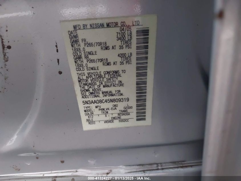 2005 Infiniti Qx56 VIN: 5N3AA08C45N809319 Lot: 41324227