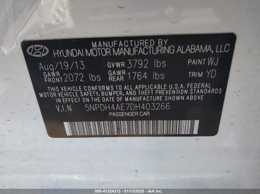 VIN 5NPDH4AE7DH403266 2013 Hyundai Elantra, Gls no.9