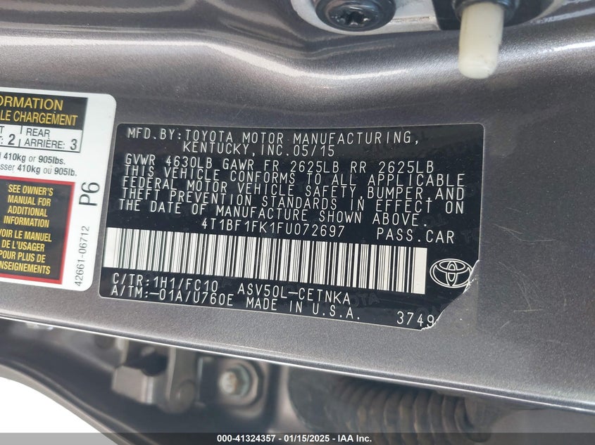 2015 Toyota Camry Le/Se/Xle/Xse VIN: 4T1BF1FK1FU072697 Lot: 41324357