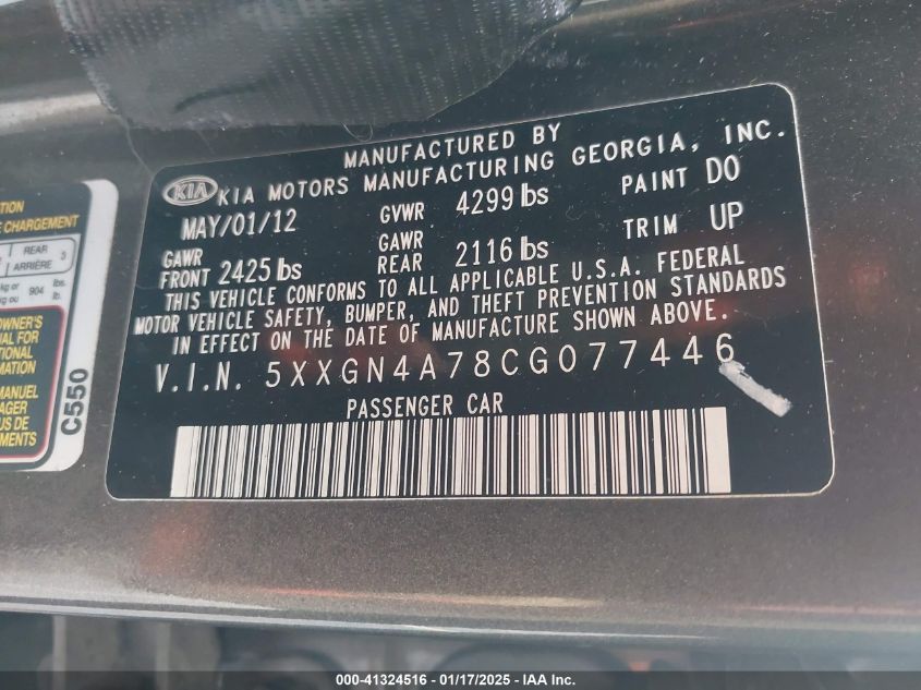 2012 Kia Optima Ex VIN: 5XXGN4A78CG077446 Lot: 41324516