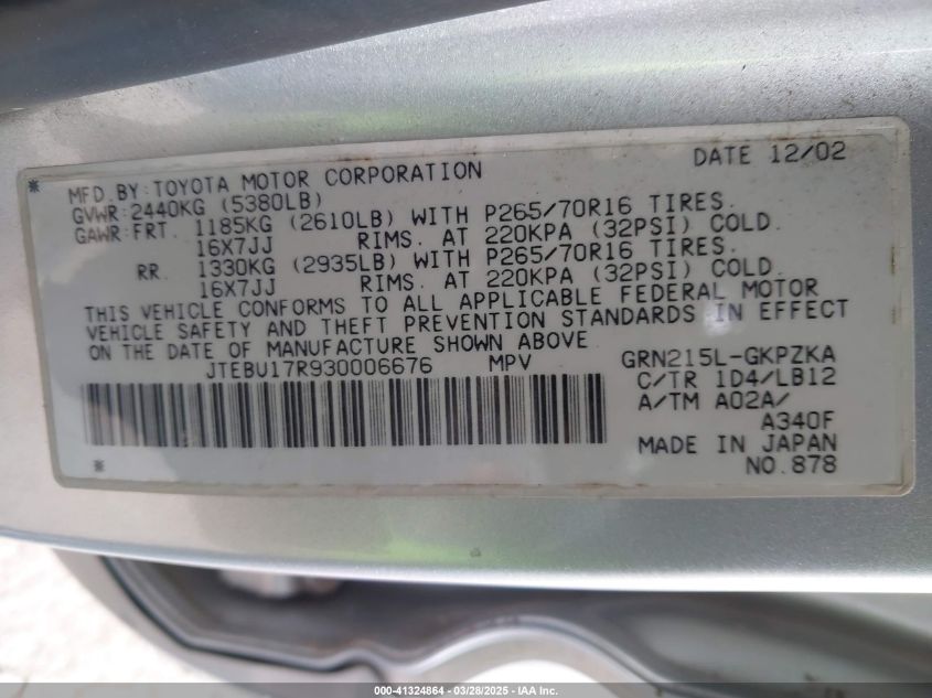 2003 Toyota 4Runner Limited V6 VIN: JTEBU17R930006676 Lot: 41324864