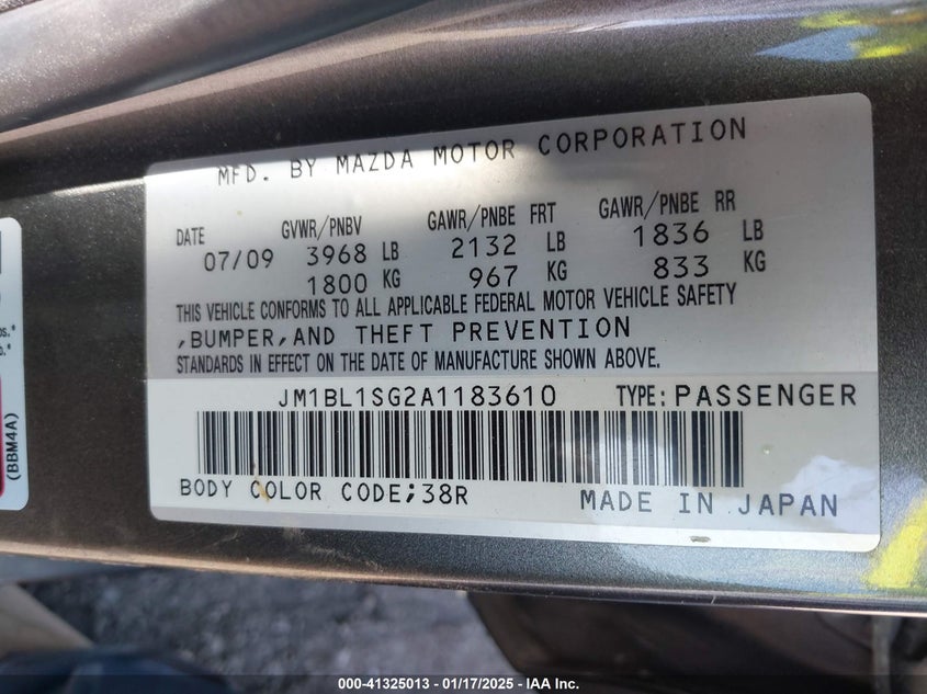 2010 MAZDA MAZDA3 VIN: JM1BL1SG2A1183610