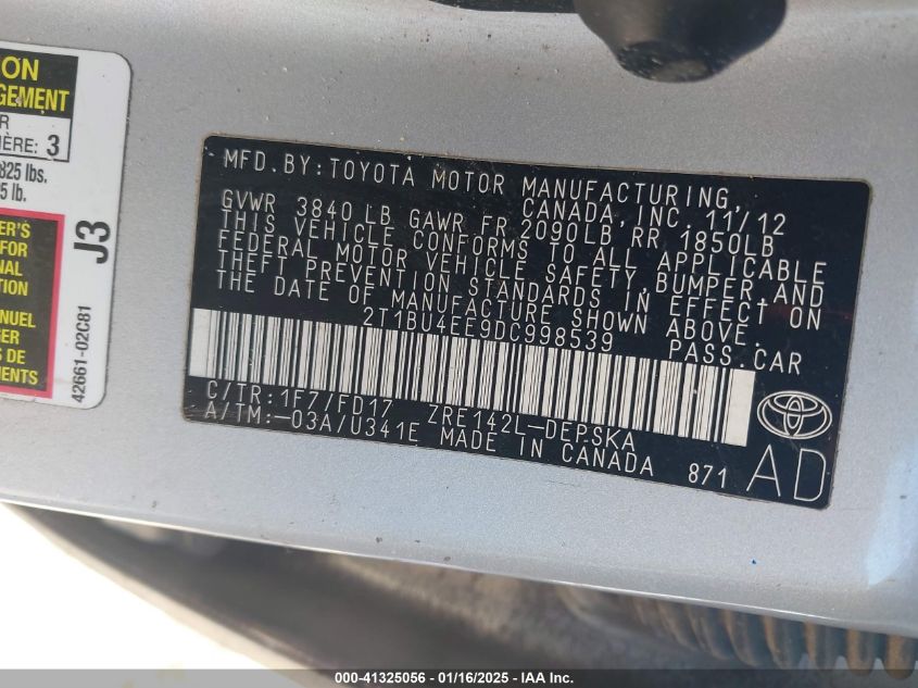 VIN 2T1BU4EE9DC998539 2013 TOYOTA COROLLA no.9