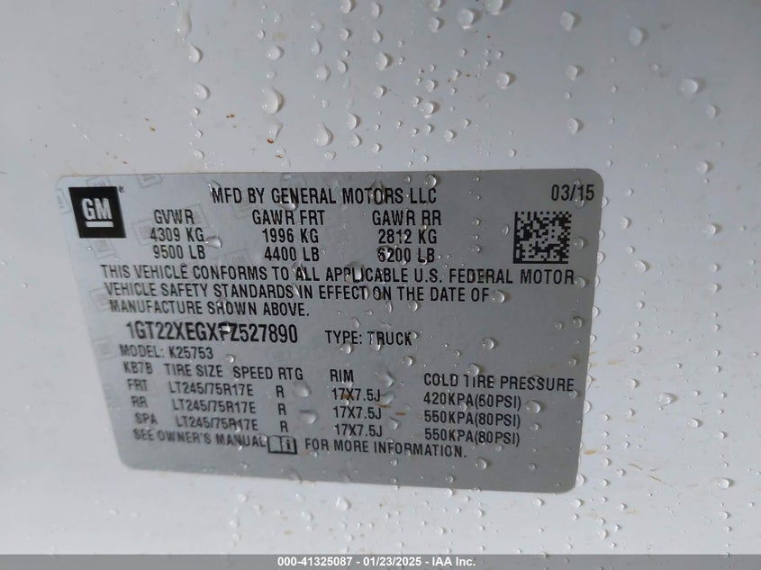 2015 GMC SIERRA 2500HD VIN: 1GT22XEGXFZ527890