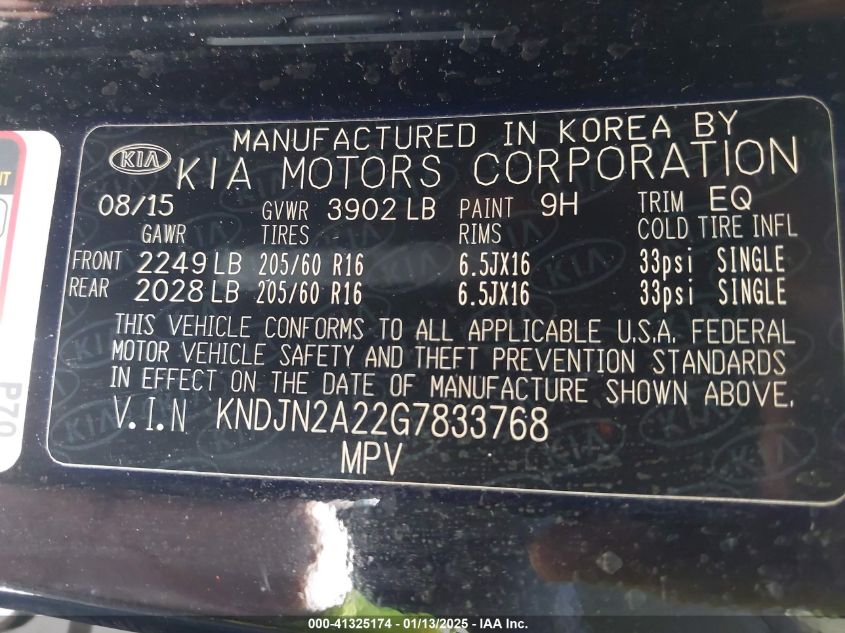 VIN KNDJN2A22G7833768 2016 KIA SOUL no.9