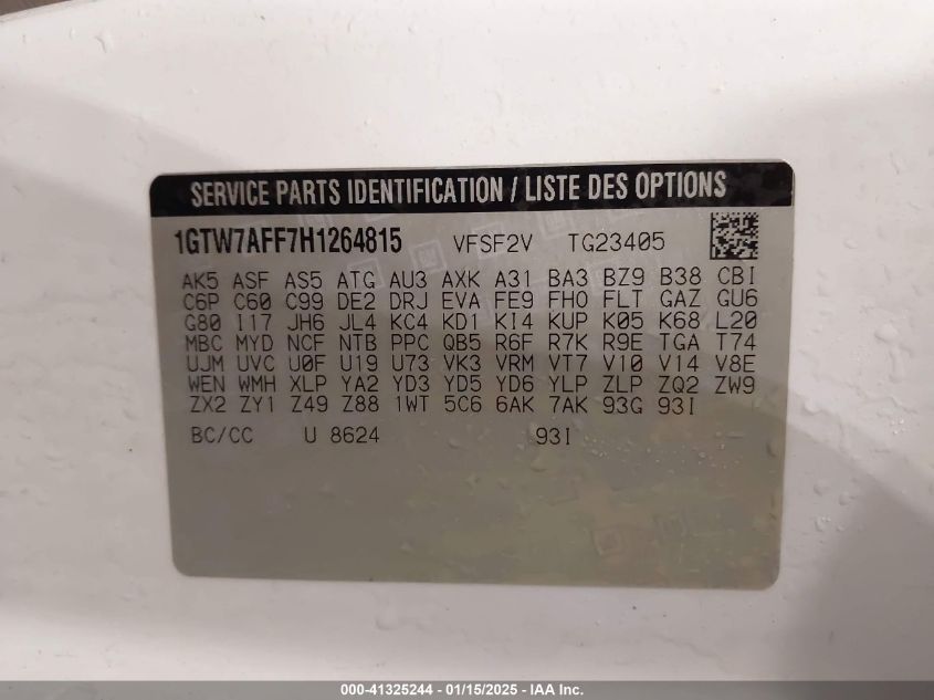 2017 GMC Savana 2500 Work Van VIN: 1GTW7AFF7H1264815 Lot: 41325244