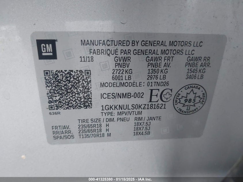 2019 GMC Acadia Slt-1 VIN: 1GKKNULS0KZ181621 Lot: 41325380