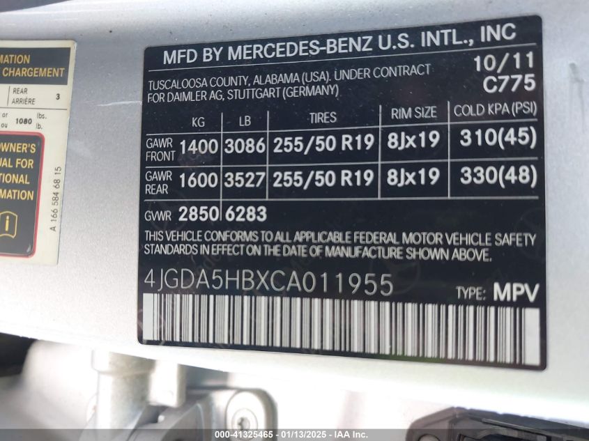 2012 Mercedes-Benz Ml 350 4Matic VIN: 4JGDA5HBXCA011955 Lot: 41325465