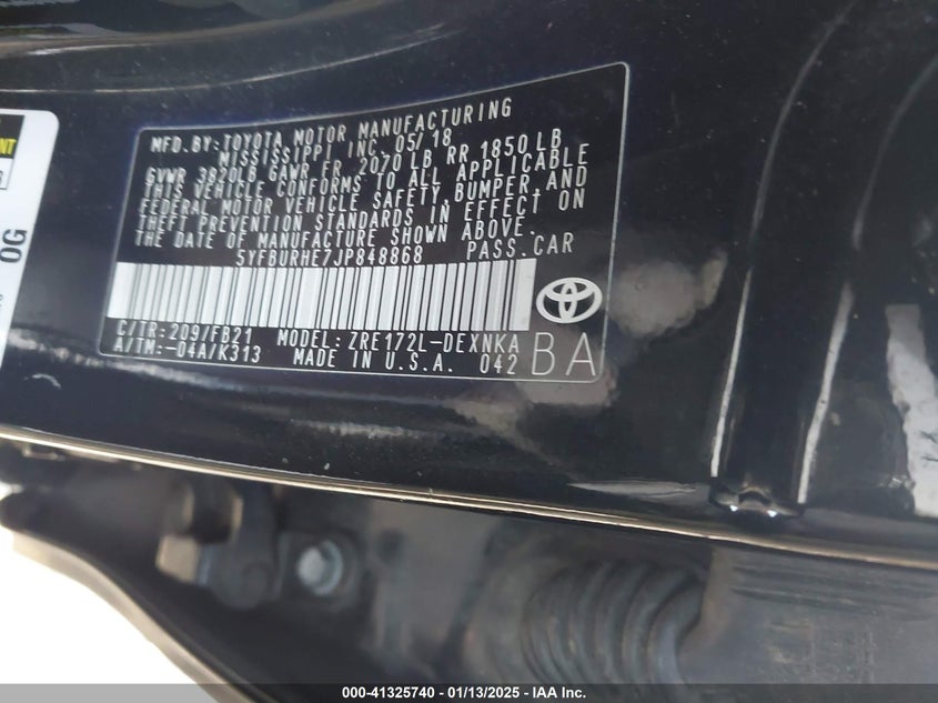 2018 TOYOTA COROLLA VIN: 5YFBURHE7JP848868