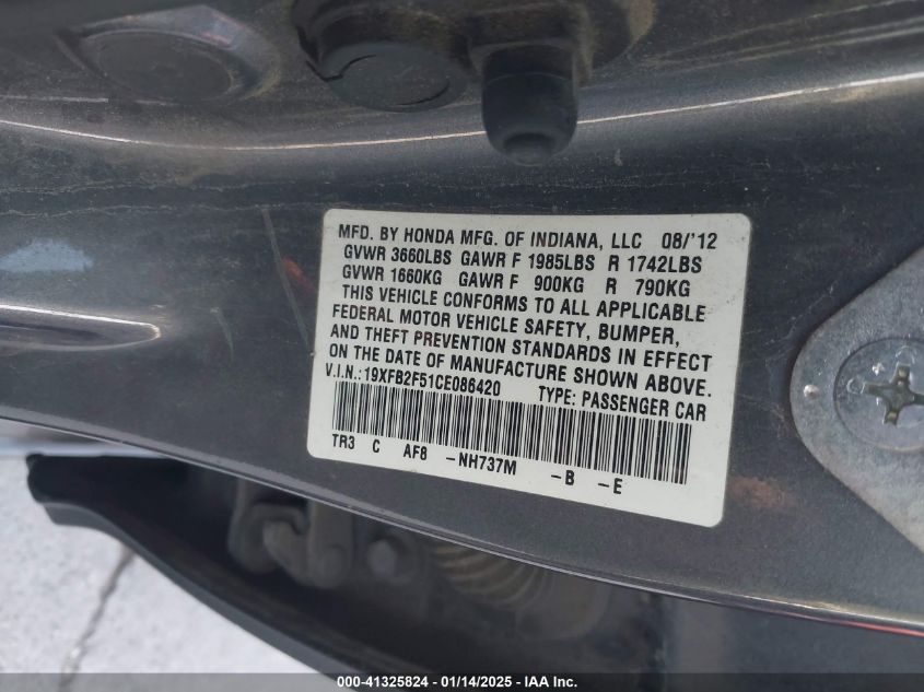 2012 Honda Civic Lx VIN: 19XFB2F51CE086420 Lot: 41325824