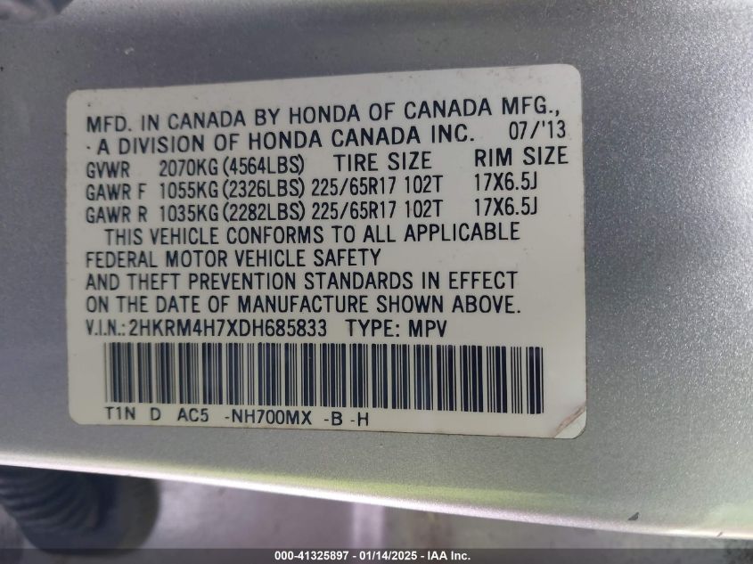 VIN 2HKRM4H7XDH685833 2013 Honda CR-V, Ex-L no.9