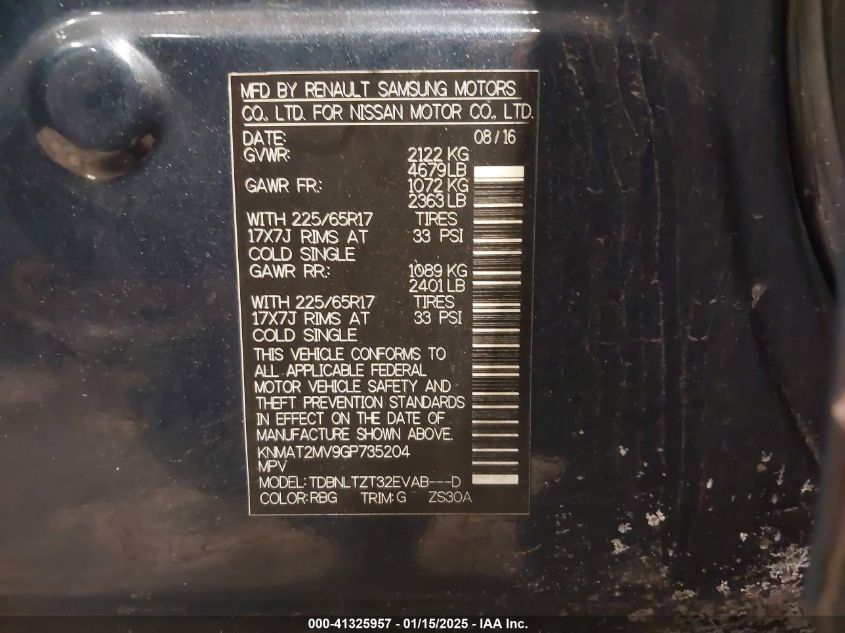 2016 Nissan Rogue Sv VIN: KNMAT2MV9GP735204 Lot: 41325957
