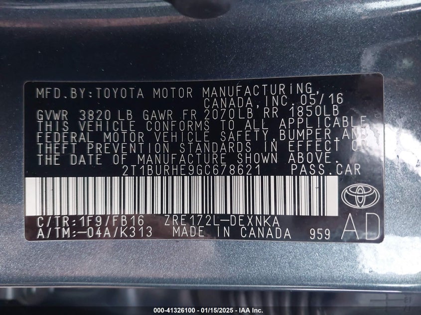 2016 TOYOTA COROLLA L/LE/LE PLS/PRM/S/S PLS - 2T1BURHE9GC678621